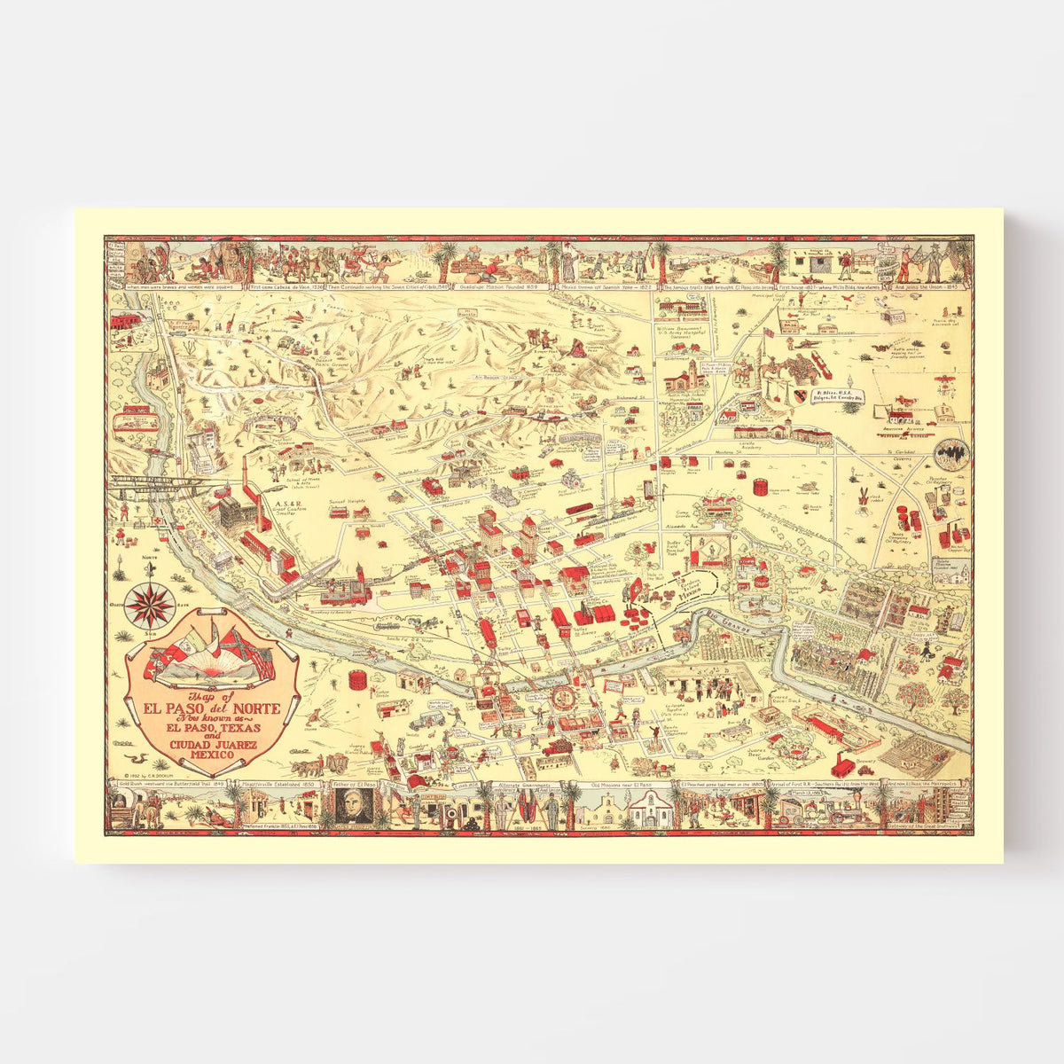 Vintage Map of El Paso, TX Business Section 1932
