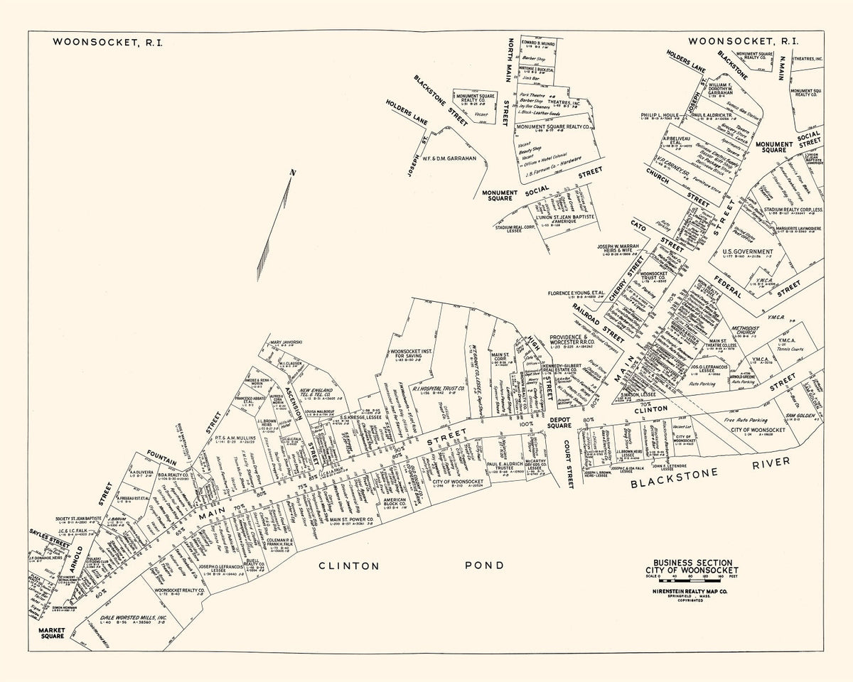 Vintage Map of Woonsocket, RI Business Section 1946