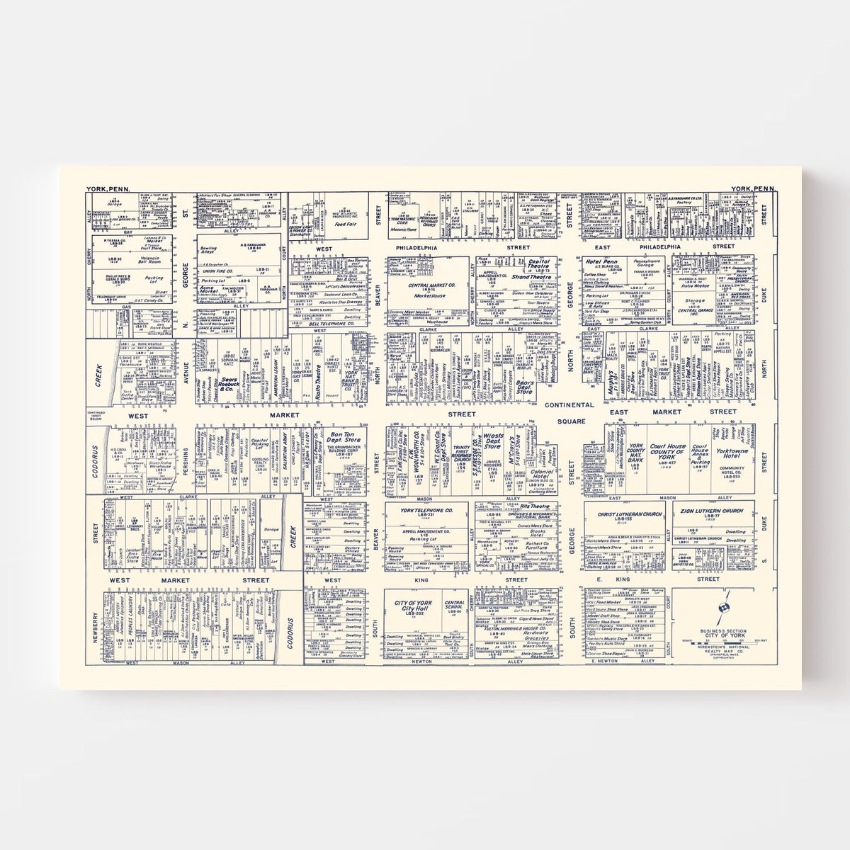 Vintage Map of York, PA Business Section 1950