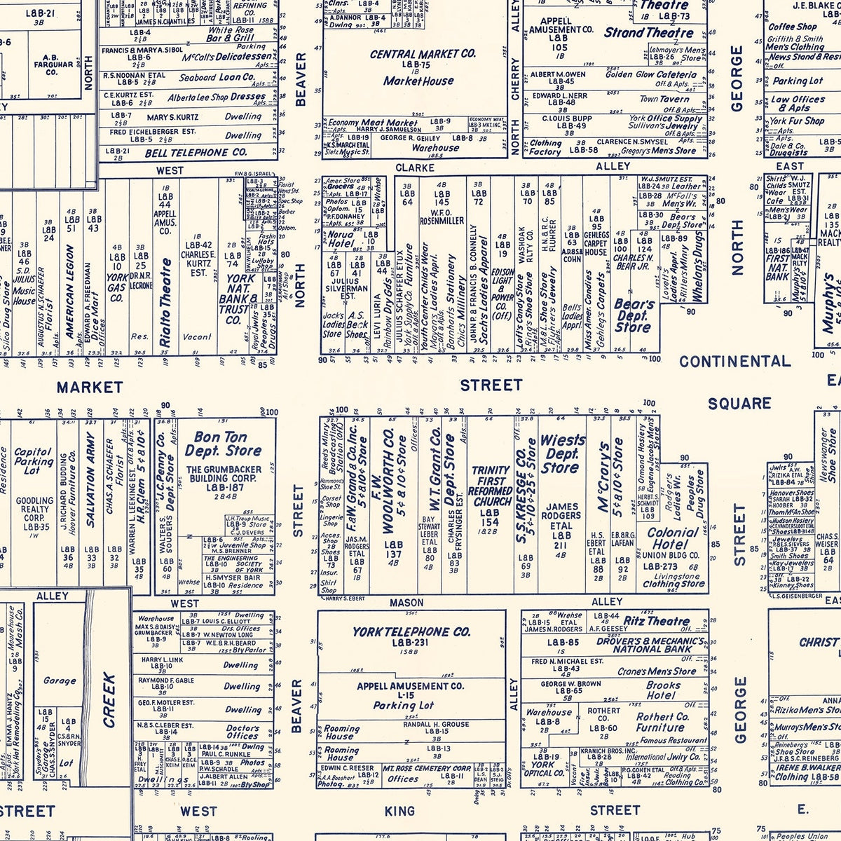 Vintage Map of York, PA Business Section 1950
