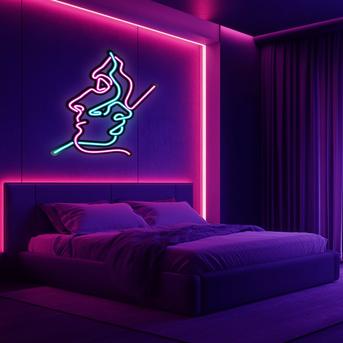 Two Faces Line Art Metal Neon Wall Art- LN0007
