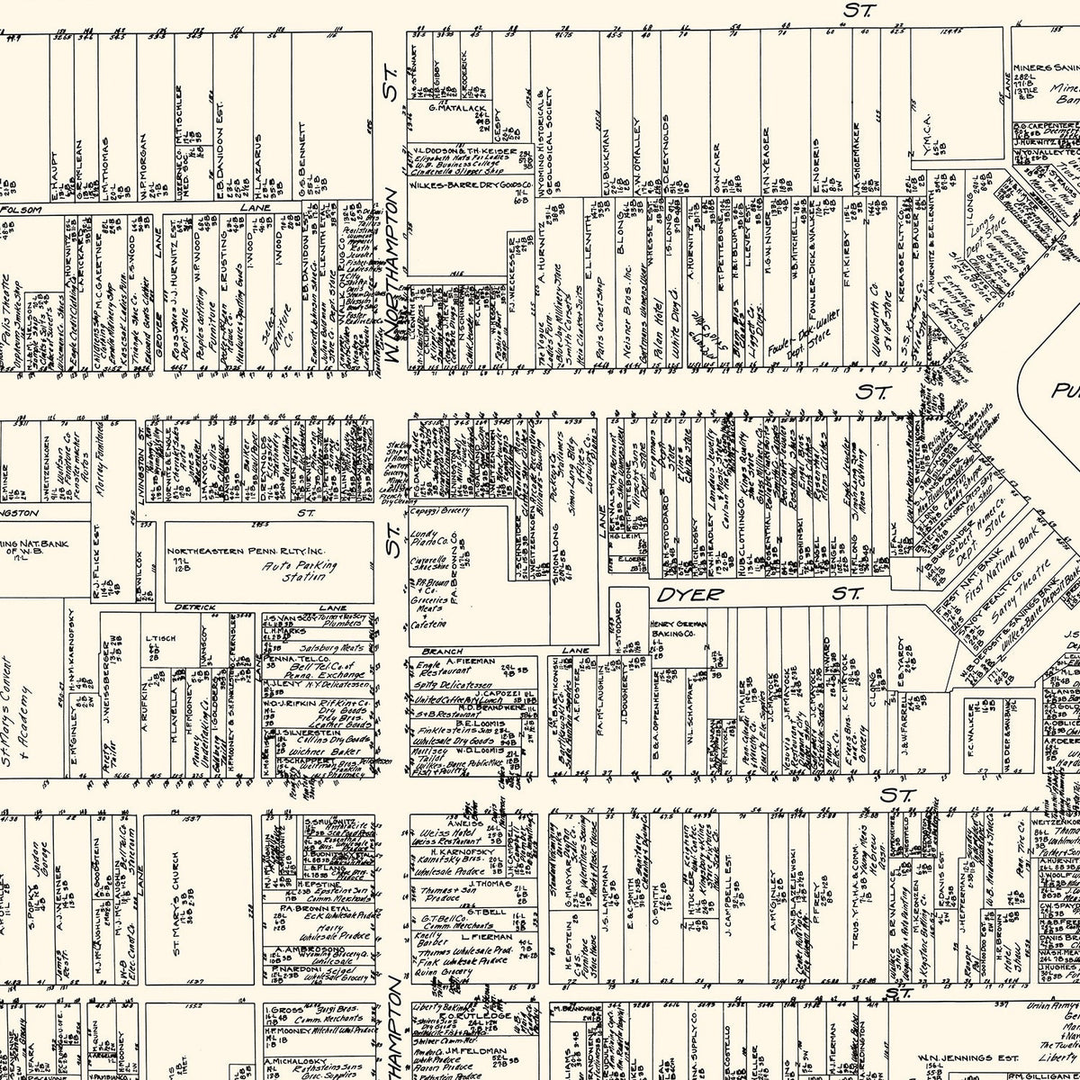 Vintage Map of Wilkes-Barre, PA Business Section 1929