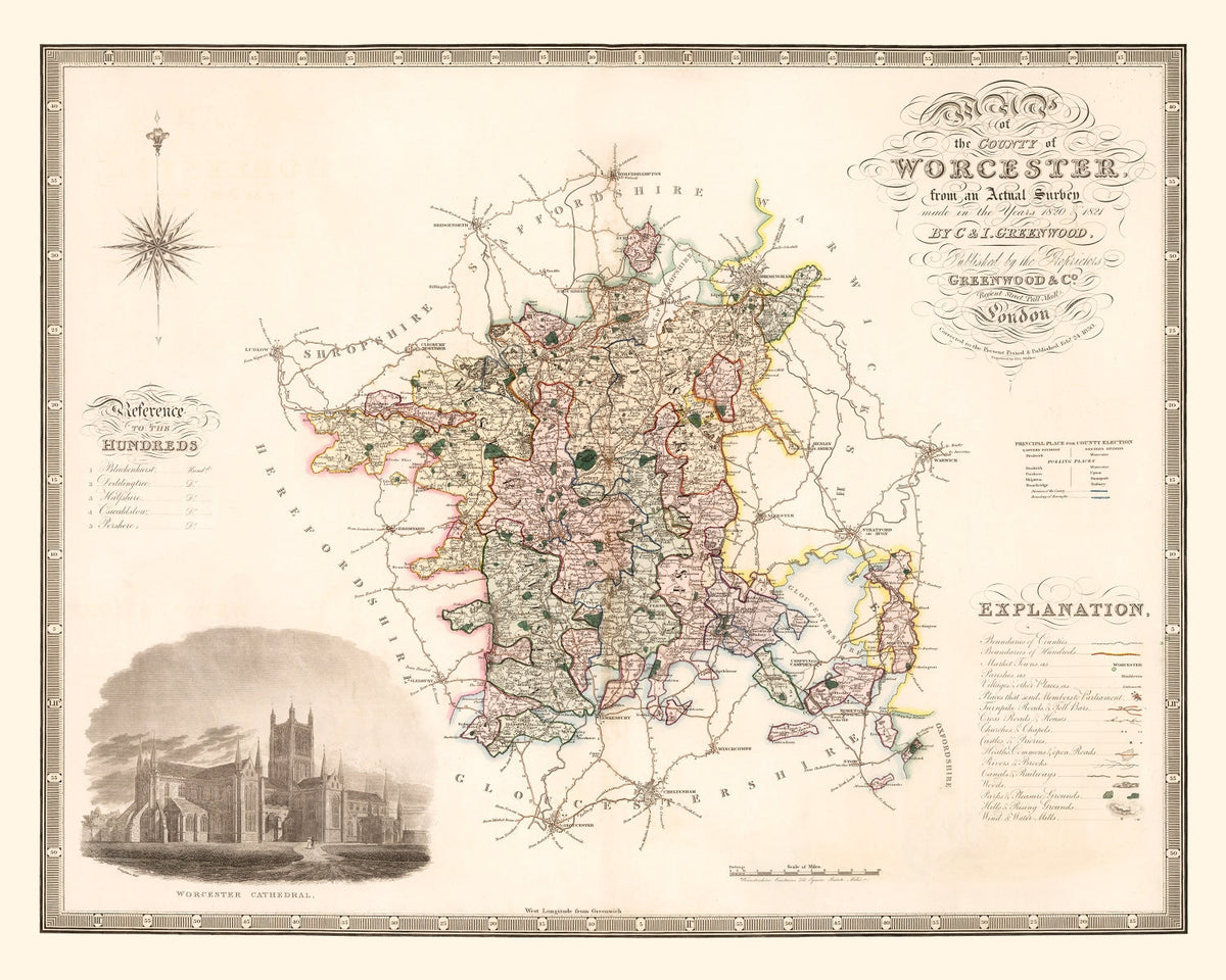 Vintage Map of Worcester England, 1830