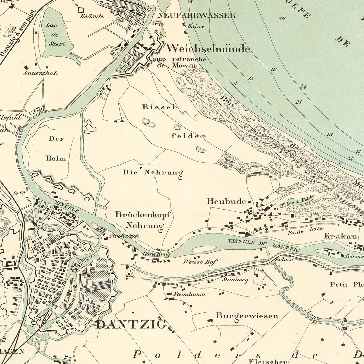 Vintage Map of Danzig, Poland 1889