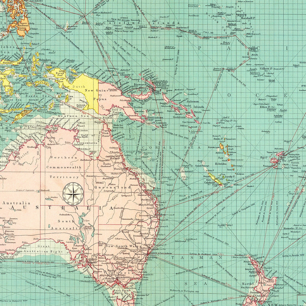 Vintage Map of Australasian & Polynesian Ports, 1922