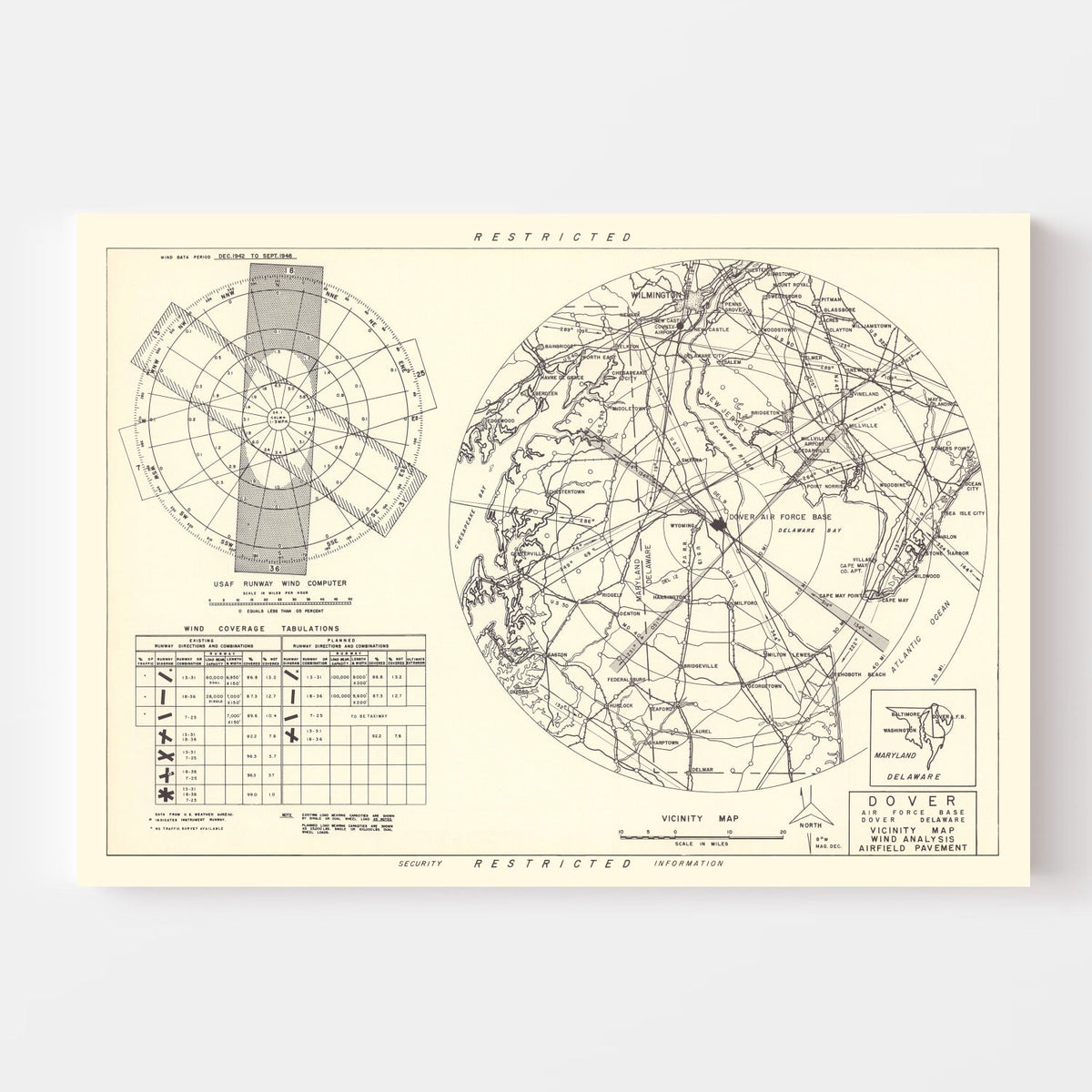 Vintage Map of the Dover Air Force Base Vicinity, 1952