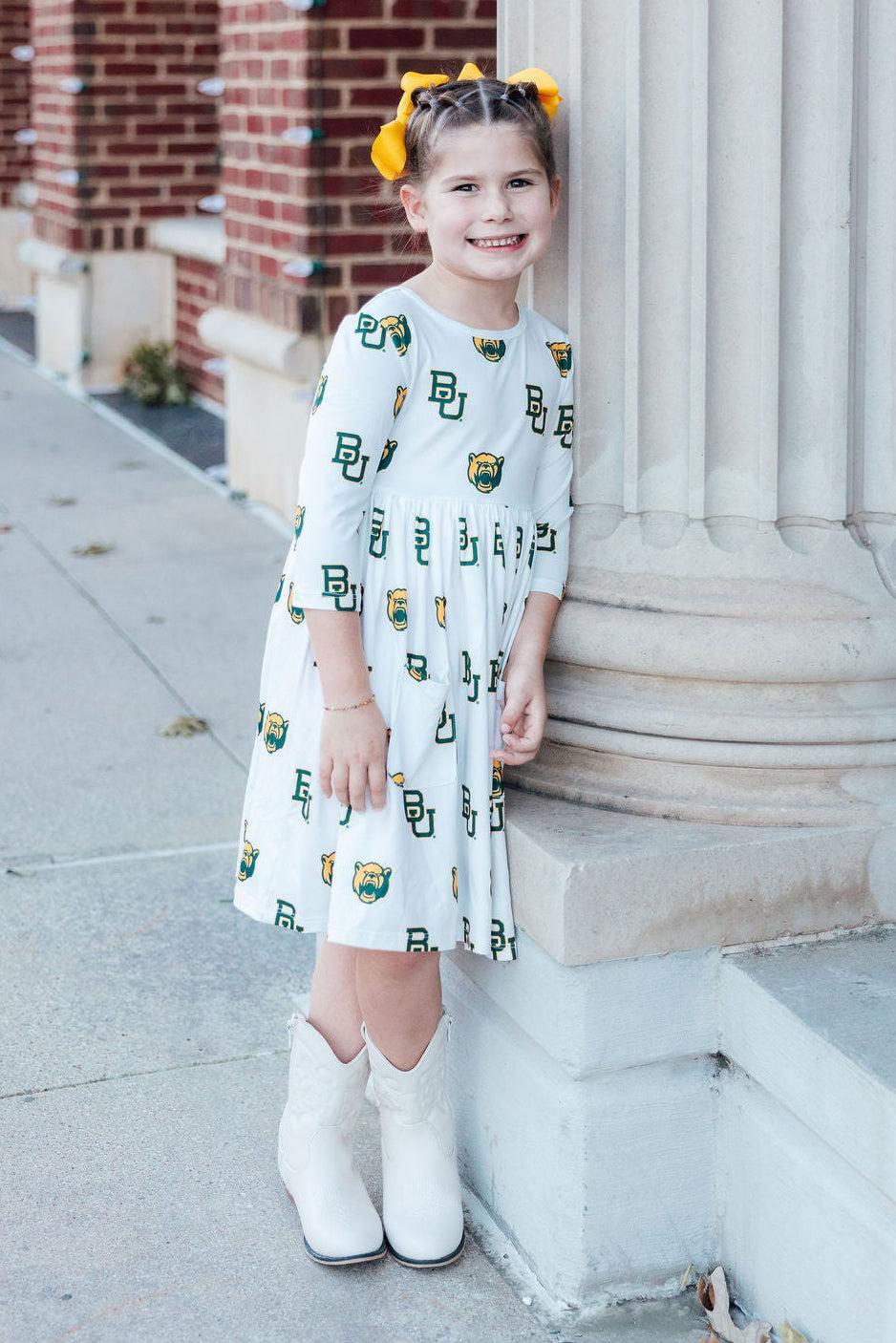 SALE Baylor White Bear 3/4 Sleeve Pocket Twirl Dress