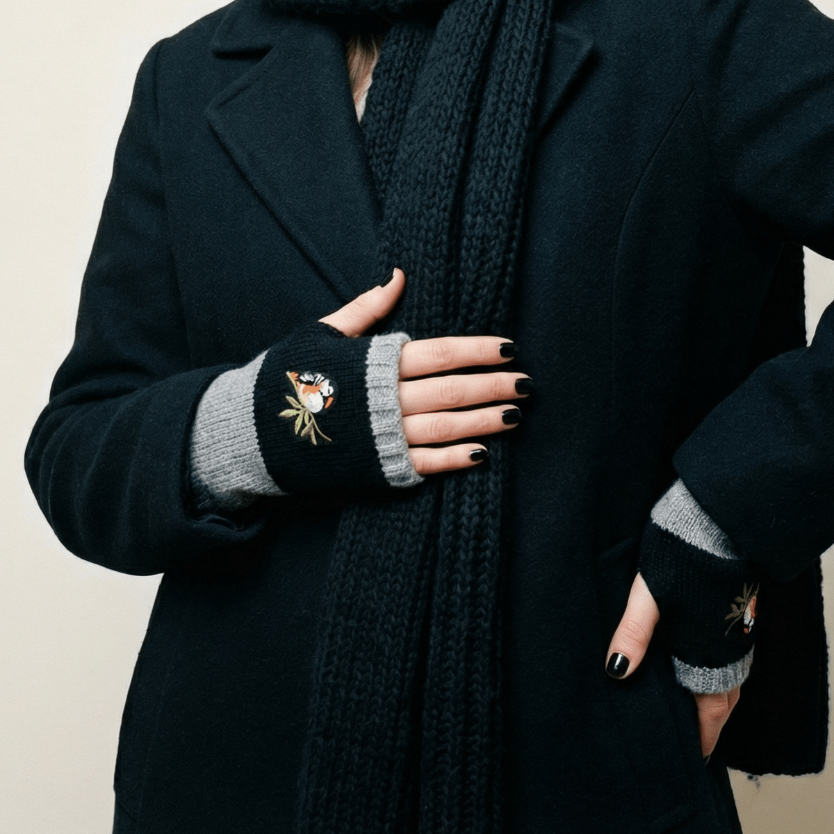 Bird Applique Arm Warmers | Fingerless Gloves in Black, Pink, or Green