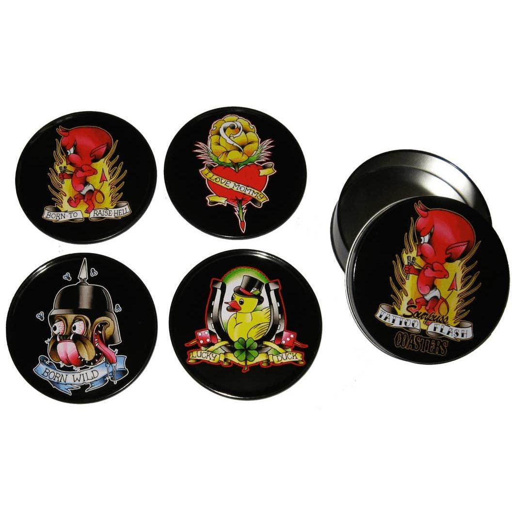 Classic Tattoo Coaster Set | Metal & Cork Retro Round Coasters in Gift Tin
