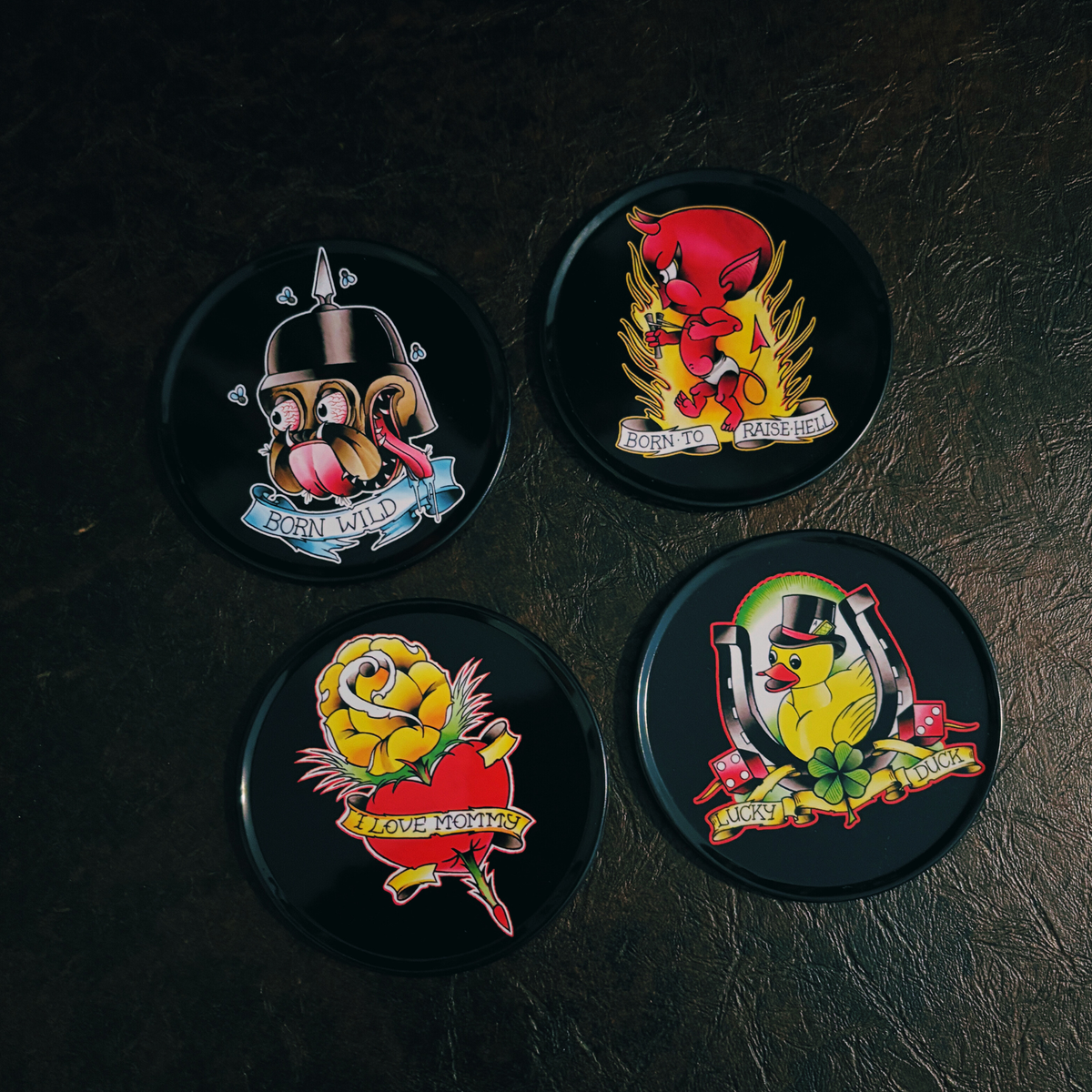 Classic Tattoo Coaster Set | Metal & Cork Retro Round Coasters in Gift Tin