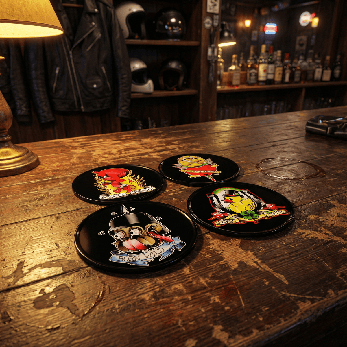 Classic Tattoo Coaster Set | Metal & Cork Retro Round Coasters in Gift Tin
