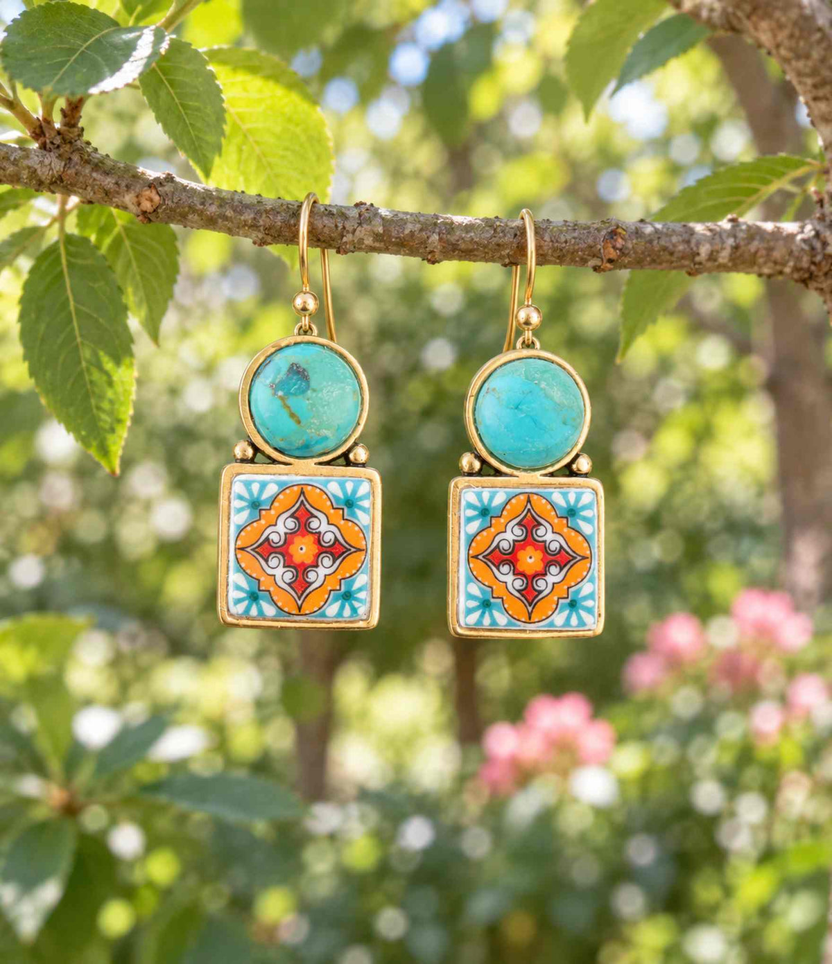 Talavera Tile Blue Turquoise Golden Drop Earrings