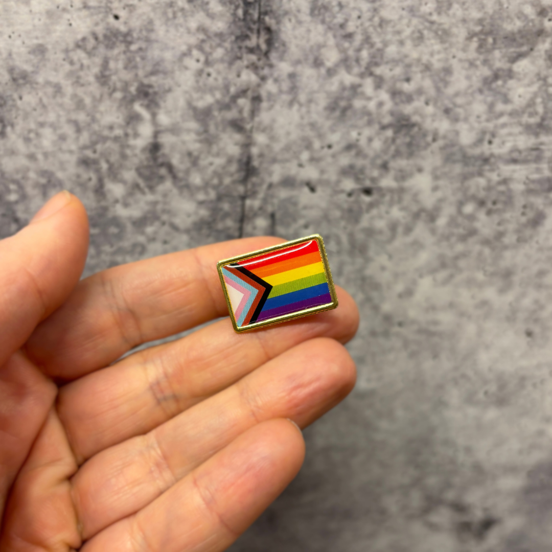 Progress Pride Flag Pin | LGBTQ Rainbow Flag Gold and Enamel Pin Brooch