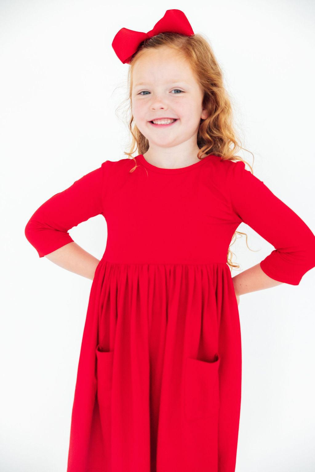 Red 3/4 Sleeve Pocket Twirl Dress
