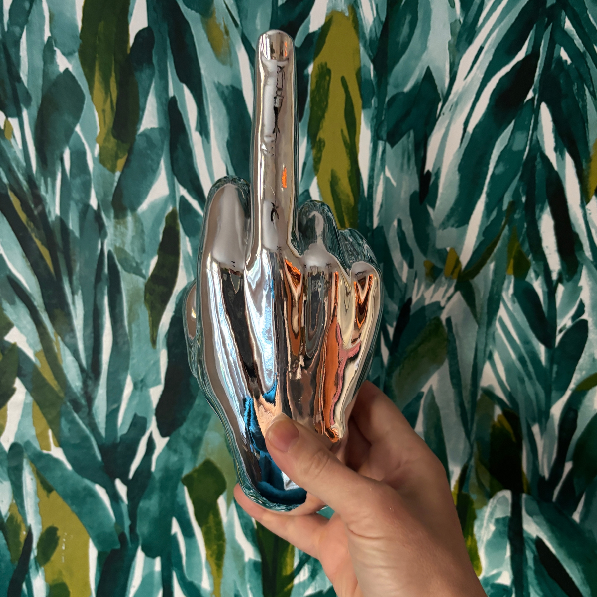 Silver Middle Finger Wall Mounted Hook | Modern Ceramic Statement Sculpture | 7" Tall
