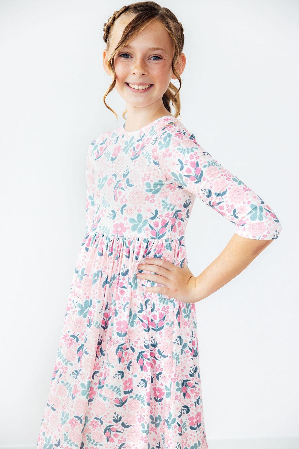 Softly Blooming 3/4 Sleeve Pocket Twirl Dress