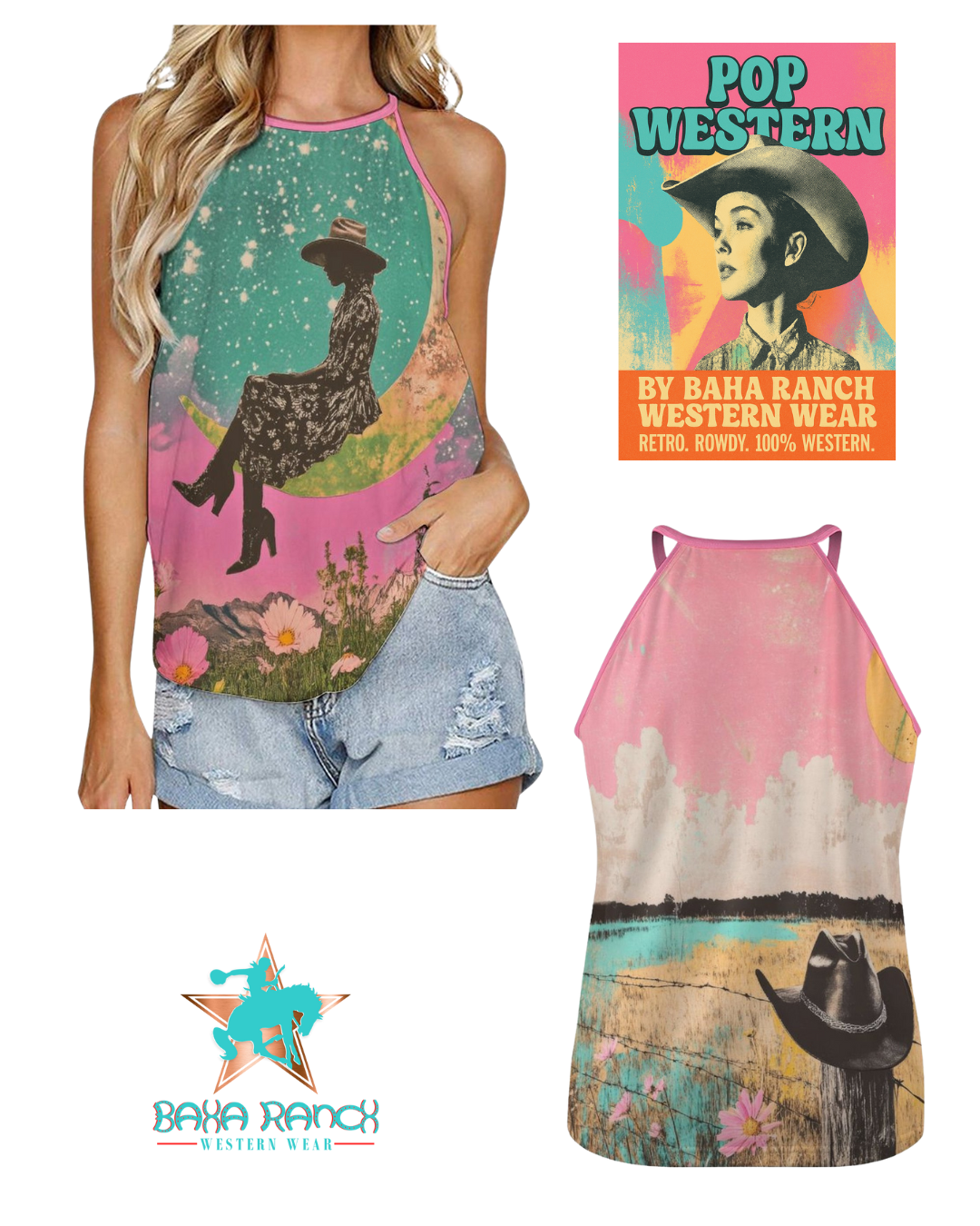 Baha Ranch Cowgirl on the Moon Retro Pop Western Tank Top