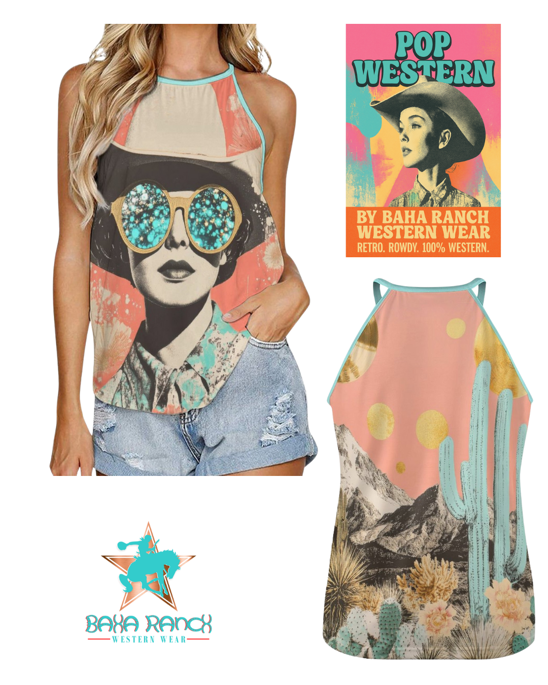 Baha Ranch Turquoise Cowgirl Retro Pop Western Tank Top