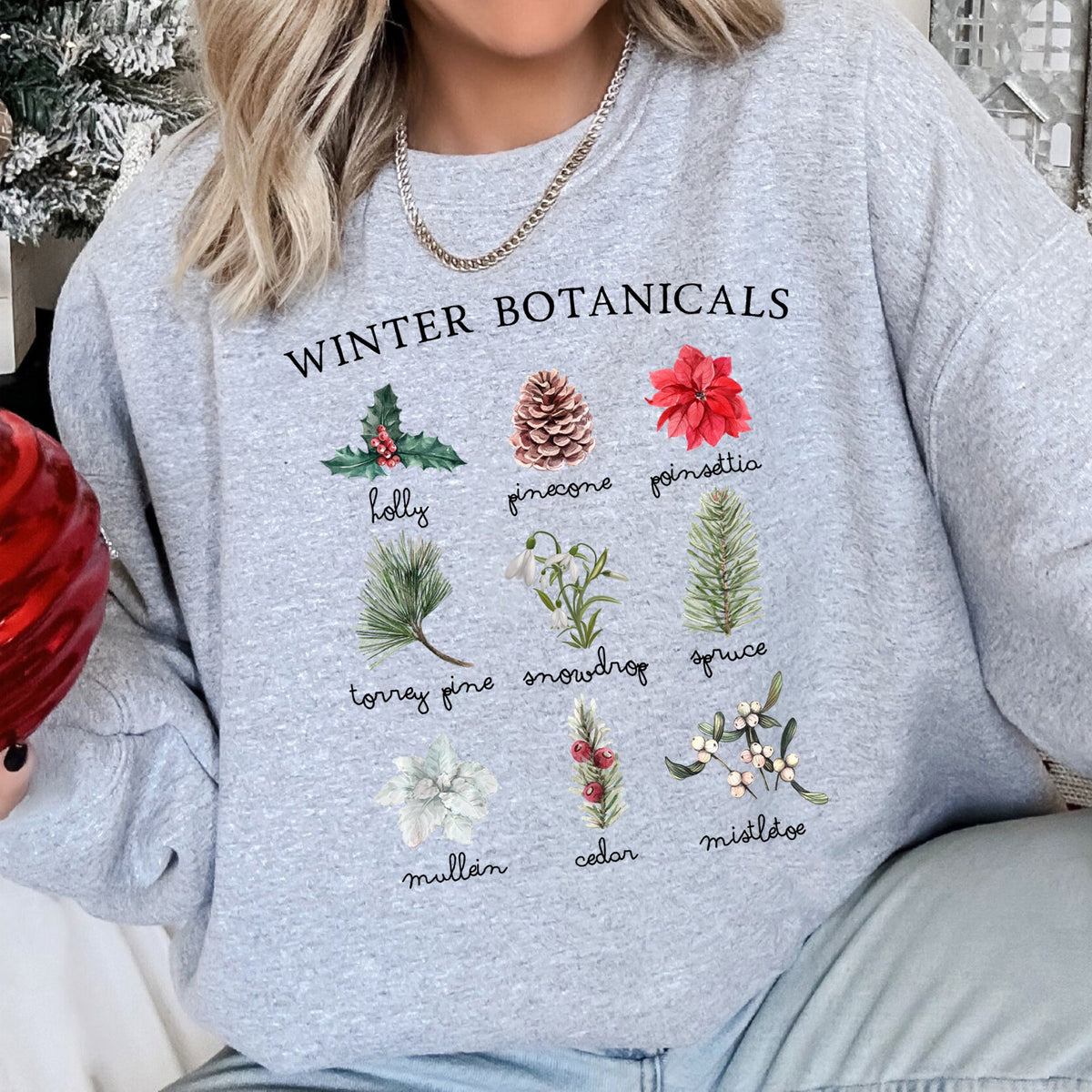 Winter Botanicals, Holly, Poinsettia Christmas Sweatshirt