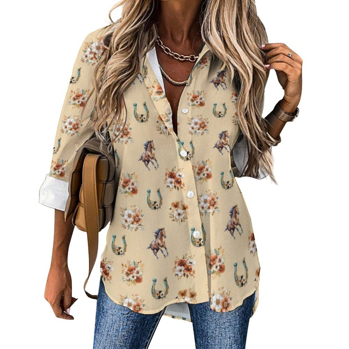 Baha Ranch Floral Horse Country Girl Long Sleeve Blouse