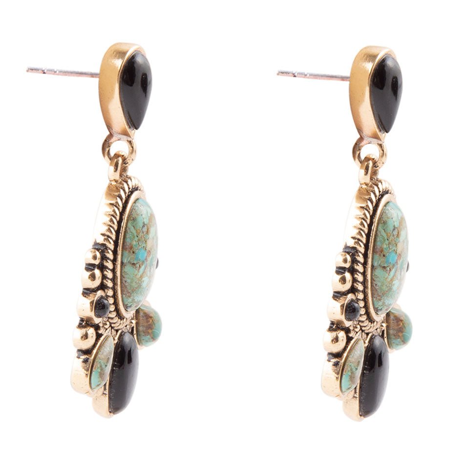 Barcelona Blue Turquoise and Black Onyx Post Drop Golden Earrings