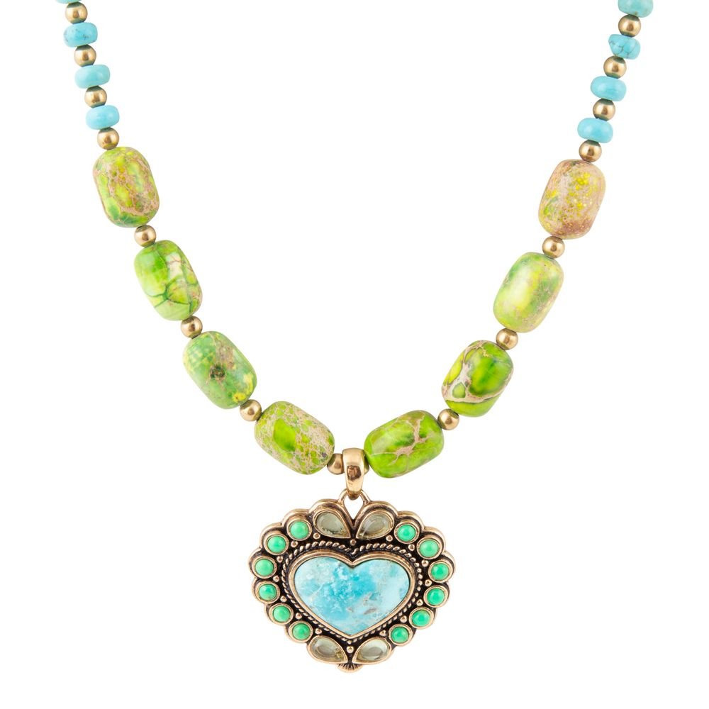 Legacy Heart Lime Green and Blue Turquoise Golden Pendant Necklace