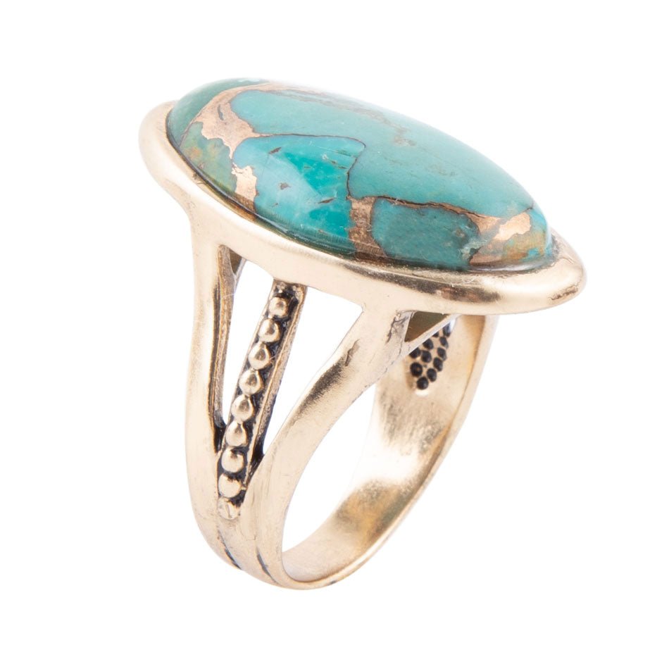 Blue Turquoise and Bronze Matrix Golden Oval Ring