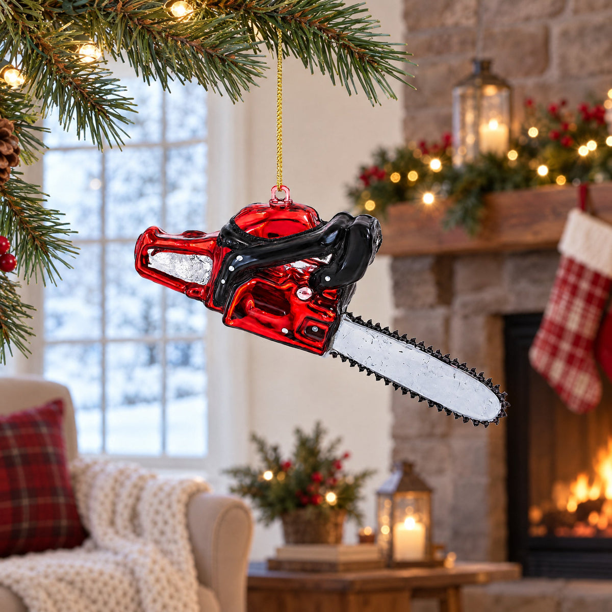 Rustic Chainsaw Glass Christmas Ornament
