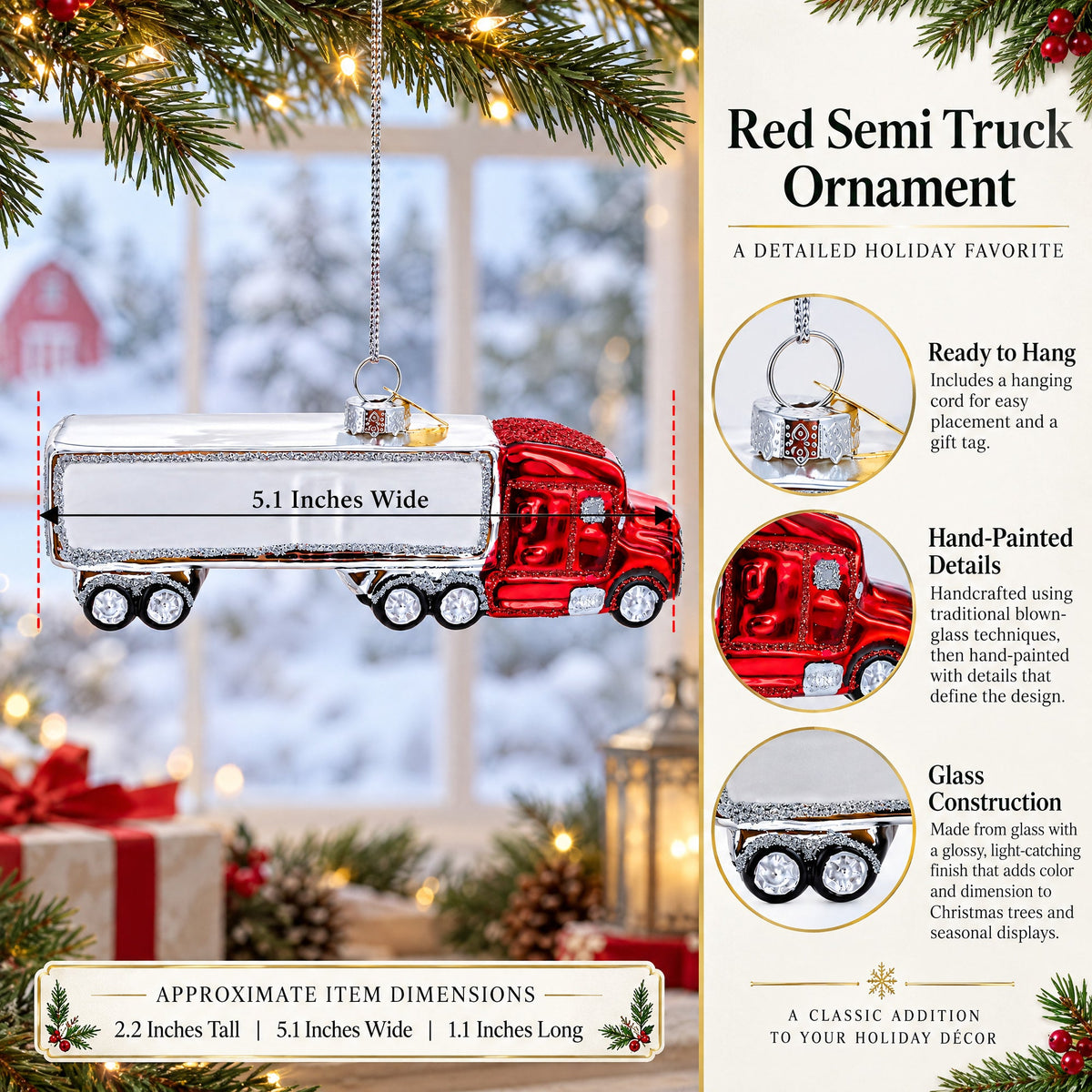 Red Semi Truck with Silver Trailer Glass Christmas Ornament