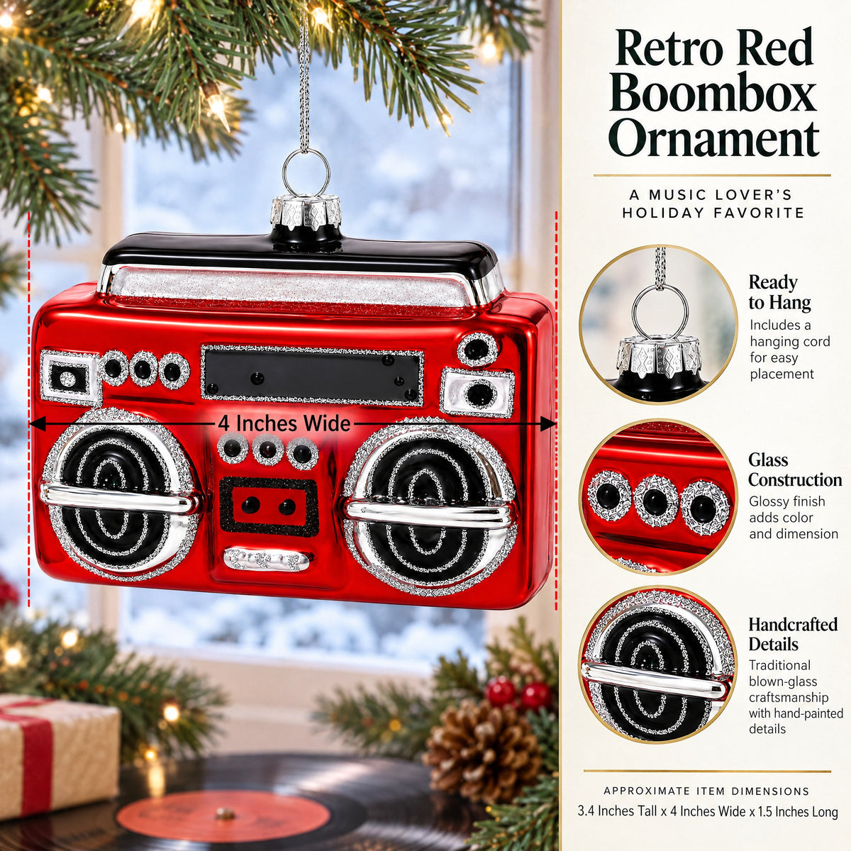 Retro Red Boombox Glass Christmas Ornament