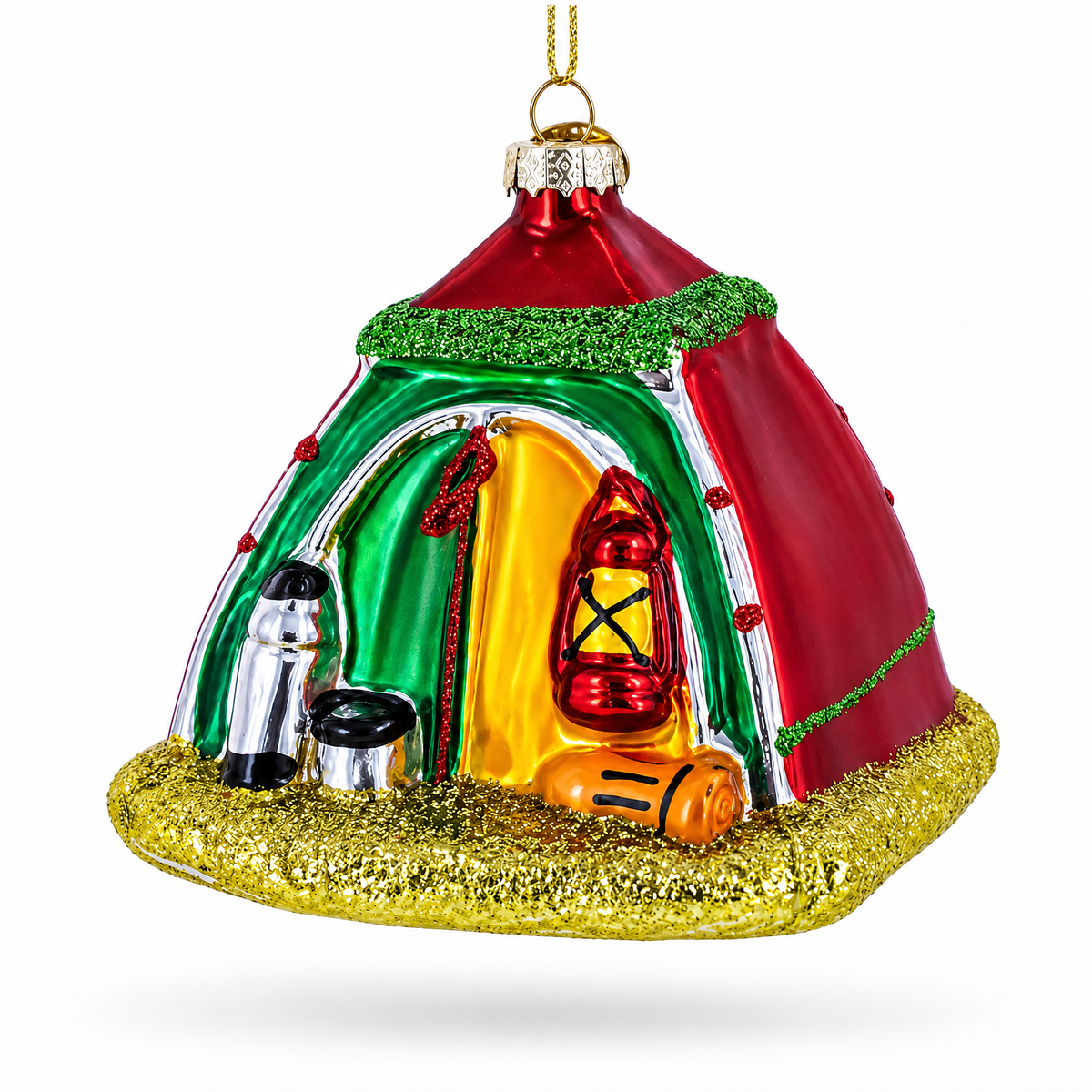 Red and Green Camp Tent Glass Christmas Ornament
