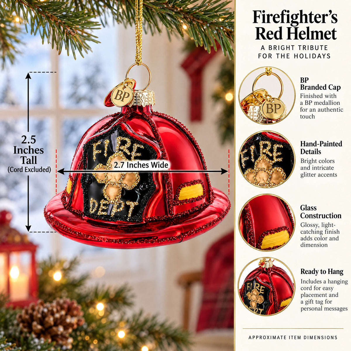 Firefighter’s Red Helmet Glass Christmas Ornament