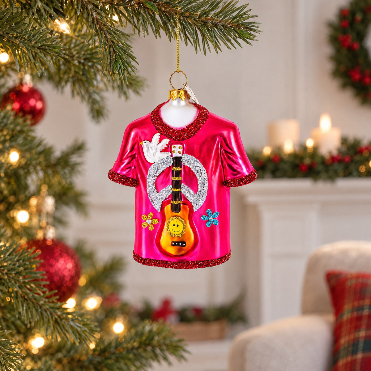 Hippie Peace & Love T-Shirt Glass Christmas Ornament