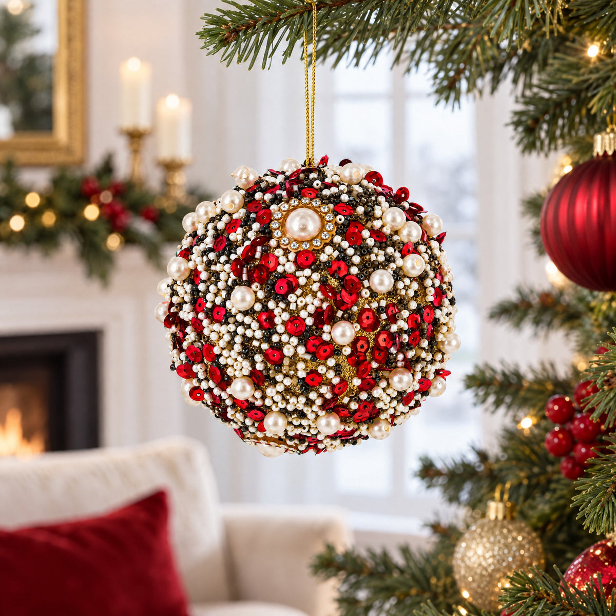 Red & Gold Beaded Glass Christmas Ornament