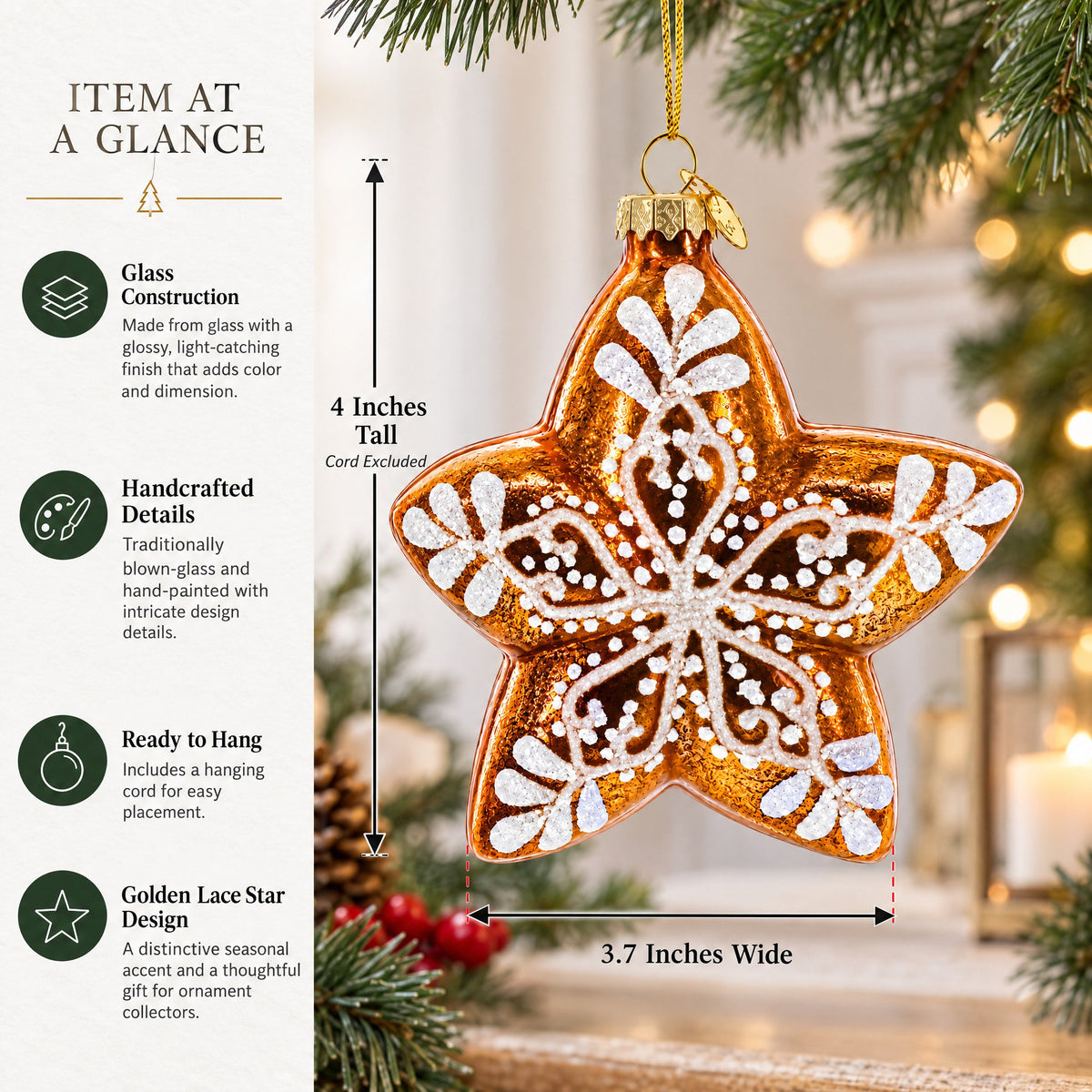 Golden Lace Star Glass Christmas Ornament