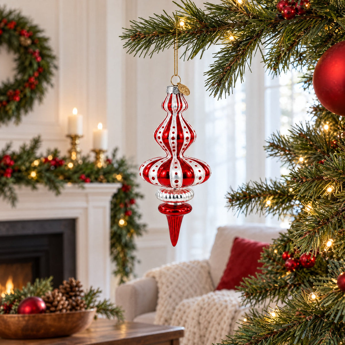 Red and White Striped Swirl Finial Glass Finial Christmas Ornament