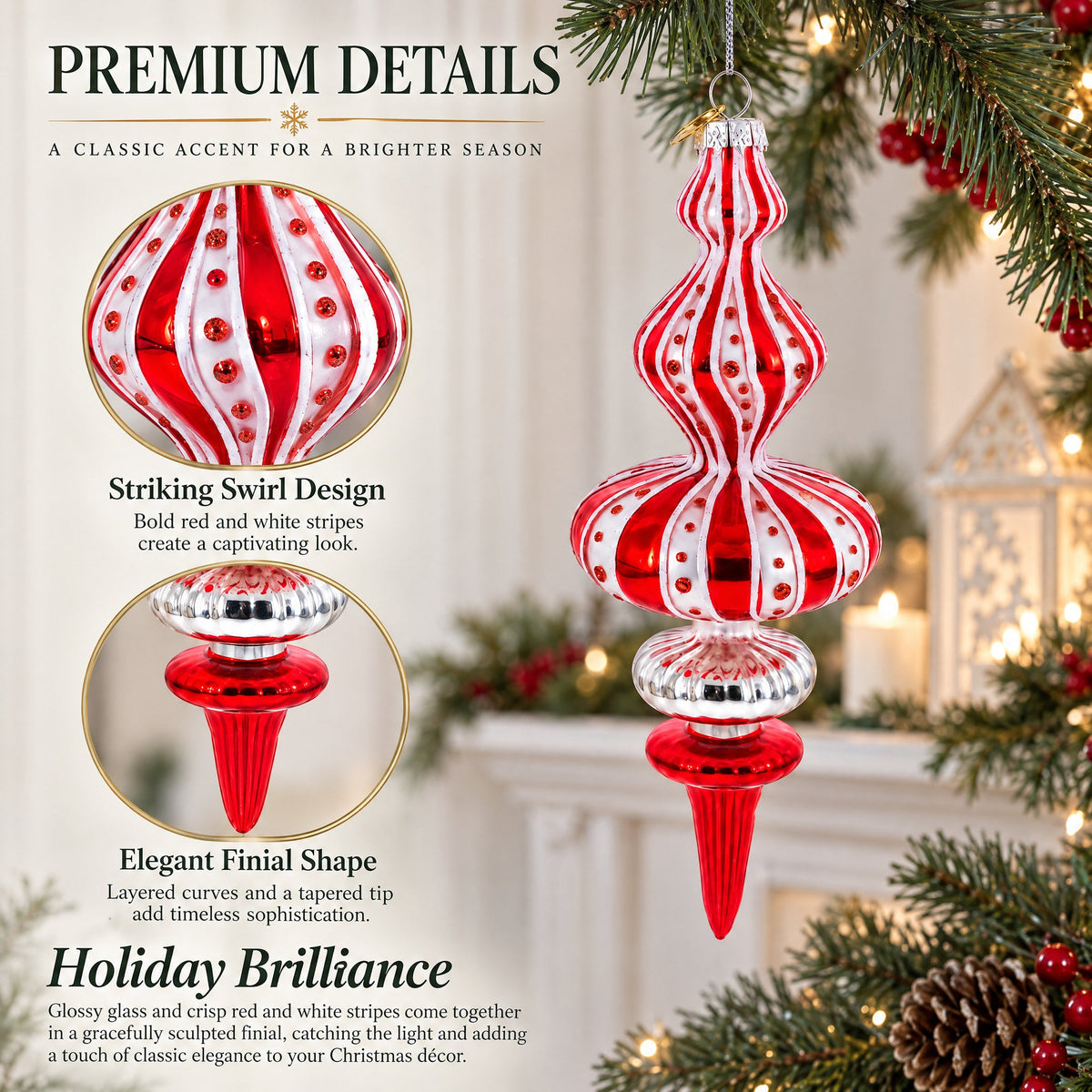 Red and White Striped Swirl Finial Glass Finial Christmas Ornament