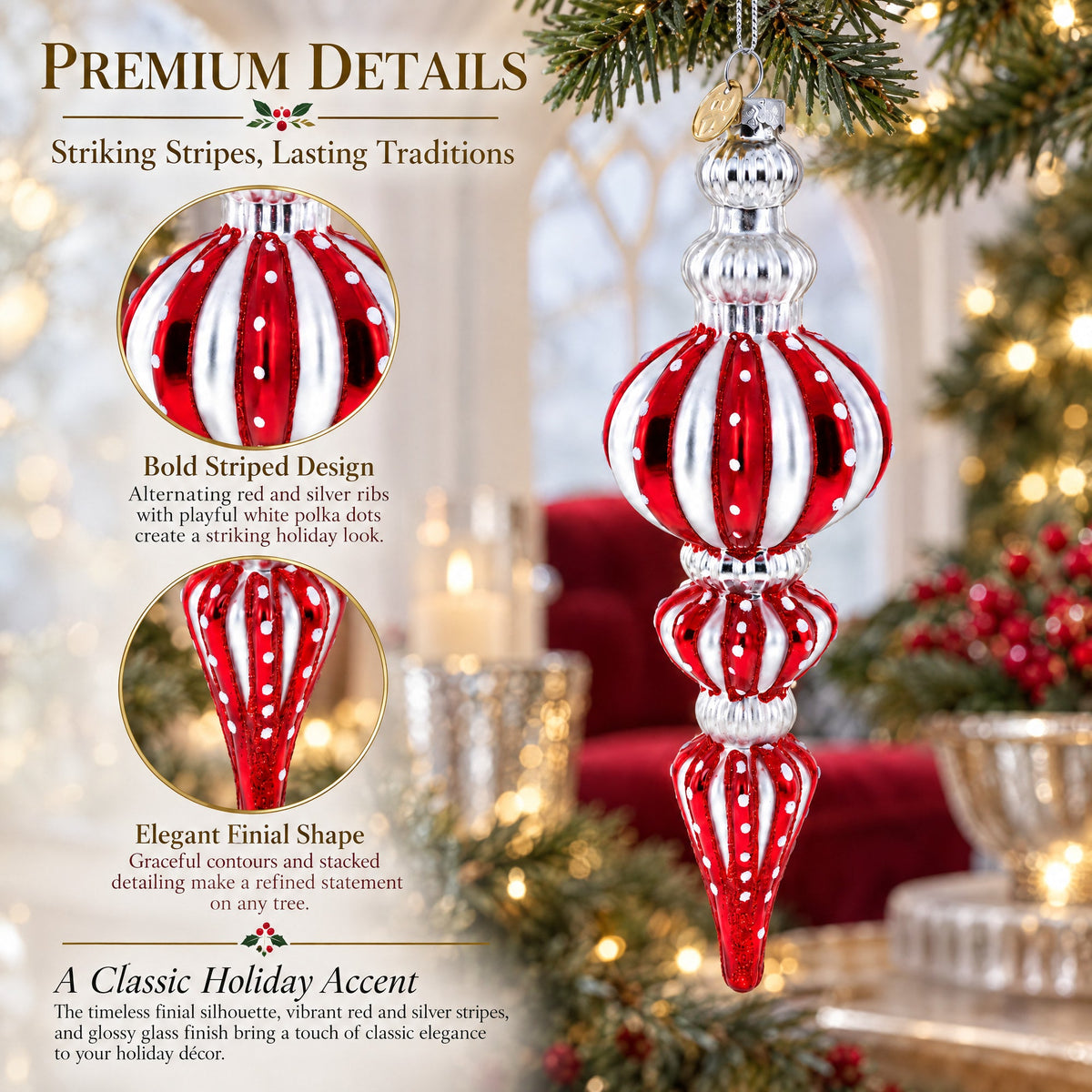 Red and Silver with Polka Dots Striped Glass Finial Christmas Ornament