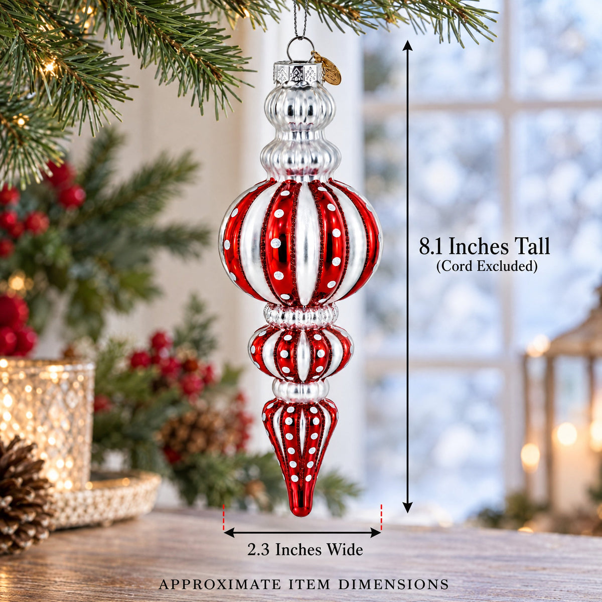 Red and Silver with Polka Dots Striped Glass Finial Christmas Ornament