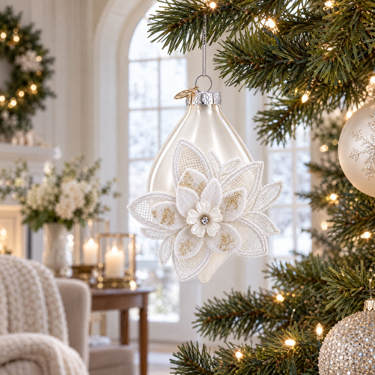 Frosted Petal Drop Glass Christmas Ornament