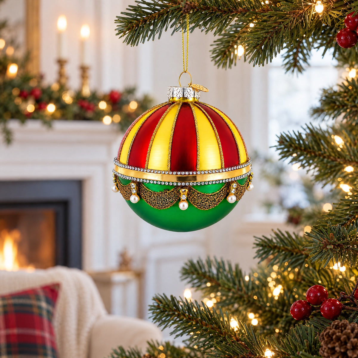 Red and Gold Dome with Green Drapes Glass Ball Christmas Ornament