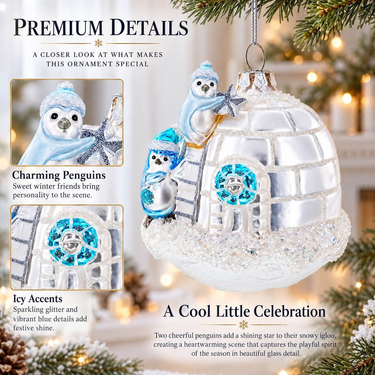 Penguins Decorating Igloo Glass Christmas Ornament