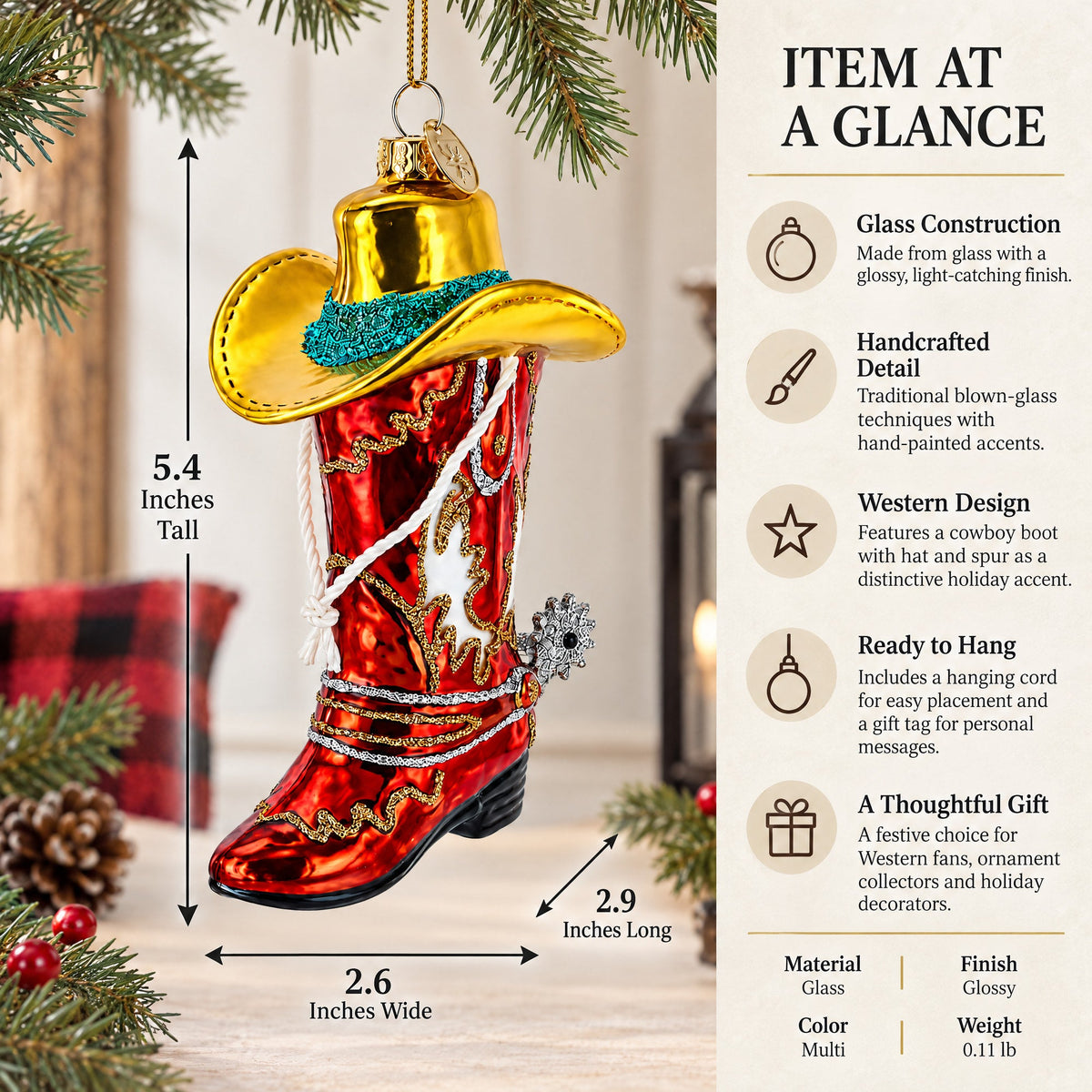 Western Cowboy Boot with Hat and Spur Glass Christmas Ornament