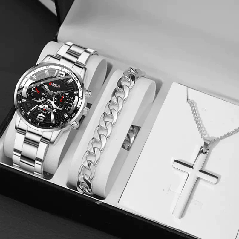 Men's Bracelet Cross Necklace And Watch Set
