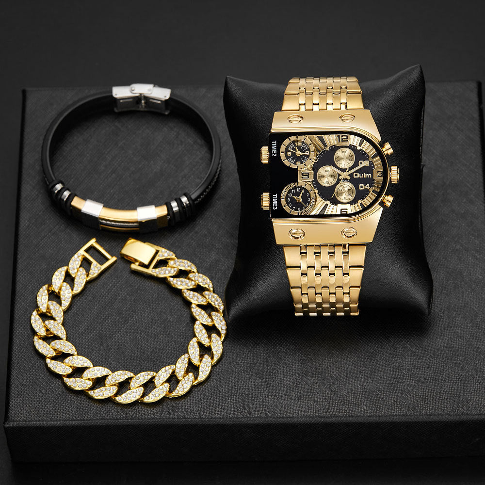 Multi-timezone Large-dial Luminous Men's Watch With Steel Strapcasual Cross-border Quartz Wristwatch