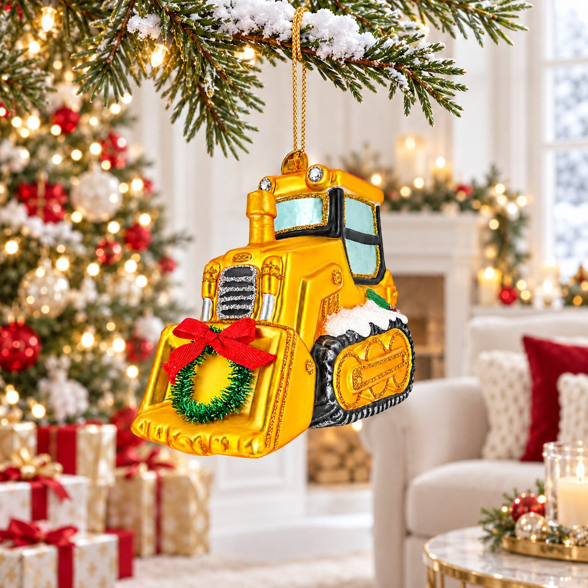 Yellow Construction Bulldozer Glass Christmas Ornament