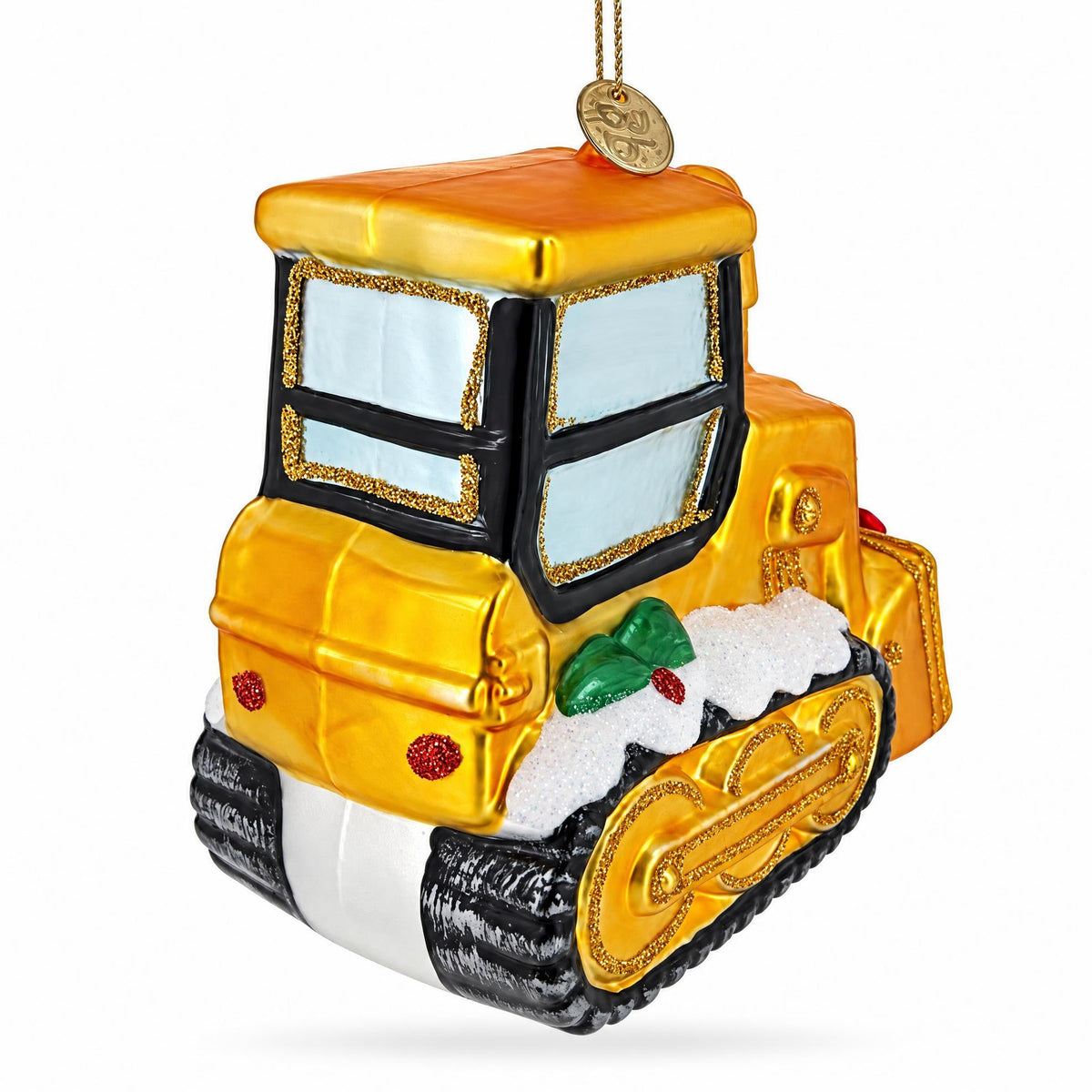 Yellow Construction Bulldozer Glass Christmas Ornament