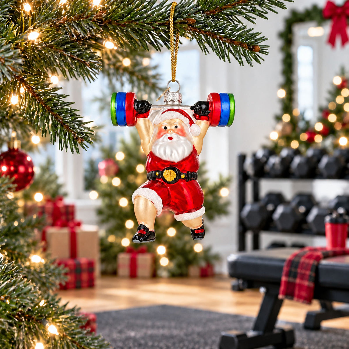 Weightlifting Santa Claus Gym Barbell Glass Christmas Ornament
