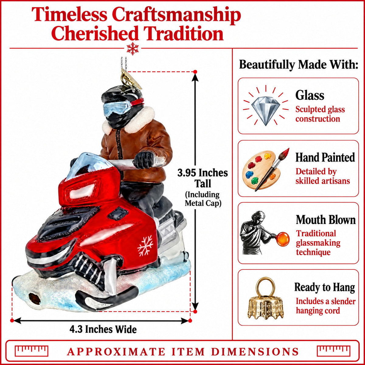 Winter Trail Rider Snowmobile Glass Christmas Ornament