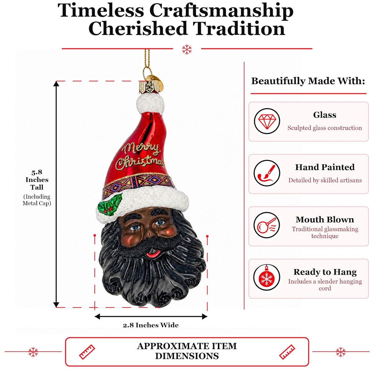 African American Black Santa Claus Head Glass Christmas Ornament